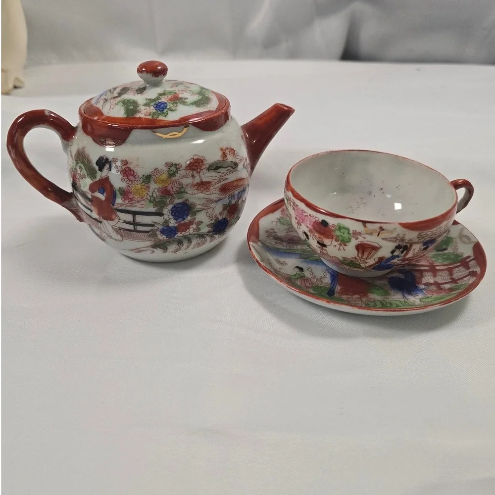 Vintage Japanese Kutani Geisha Hand Painted Tea‎ Set Teapot Cup Saucer Japan